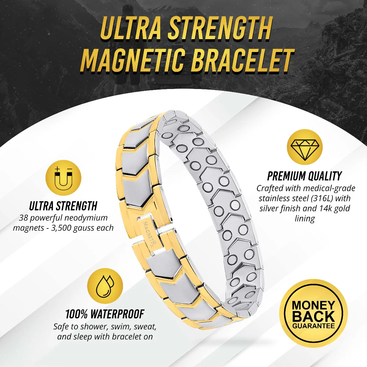Ultra Strength Silver & Gold Arrow Chain Magnetic Therapy Bracelet - Image 3