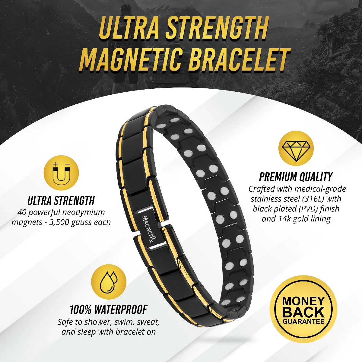 Ultra Strength Black & Gold Trim Magnetic Therapy Bracelet - Image 3