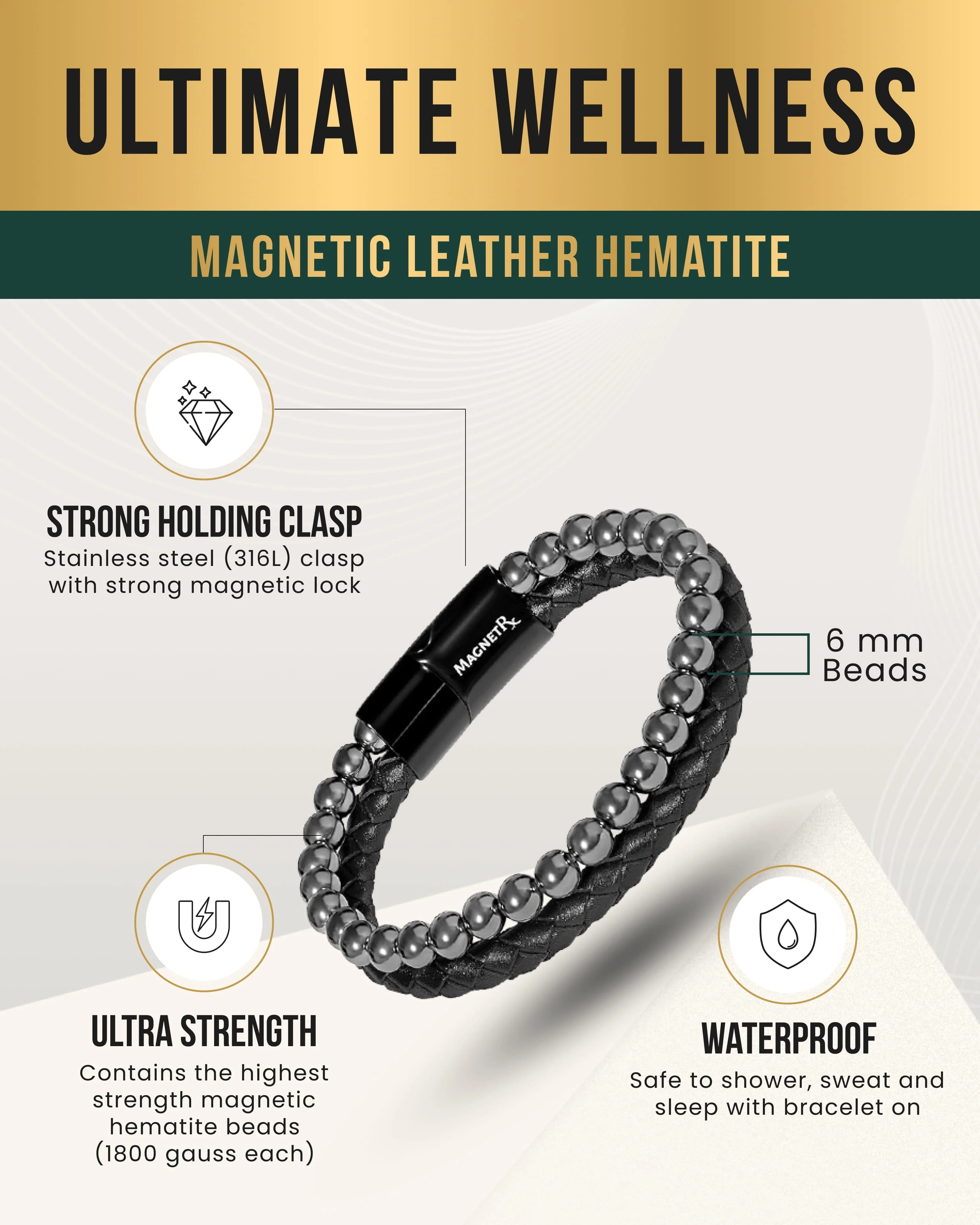 High Power Hematite Bead & Leather Magnetic Bracelet - Image 3