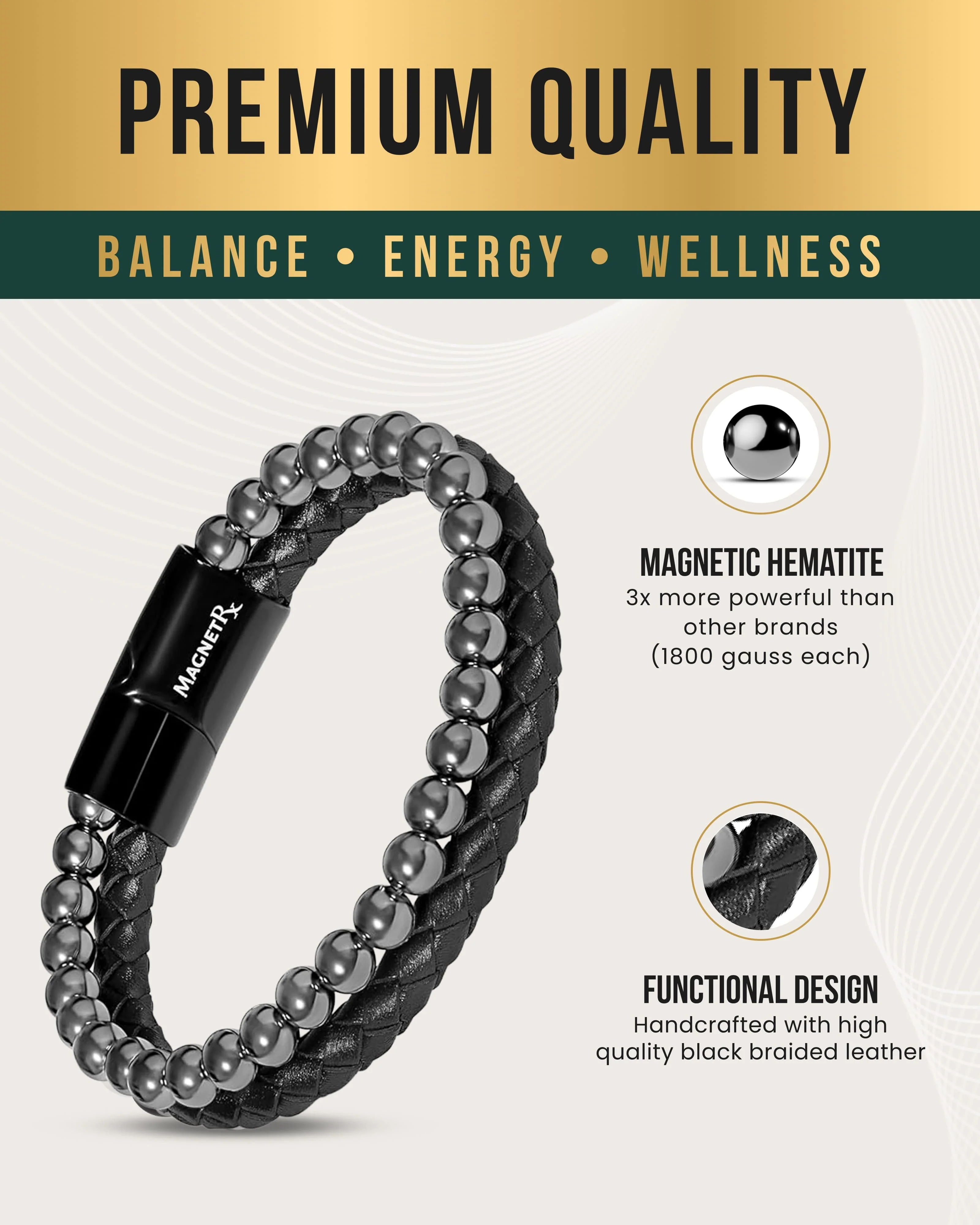 High Power Hematite Bead & Leather Magnetic Bracelet - Image 4