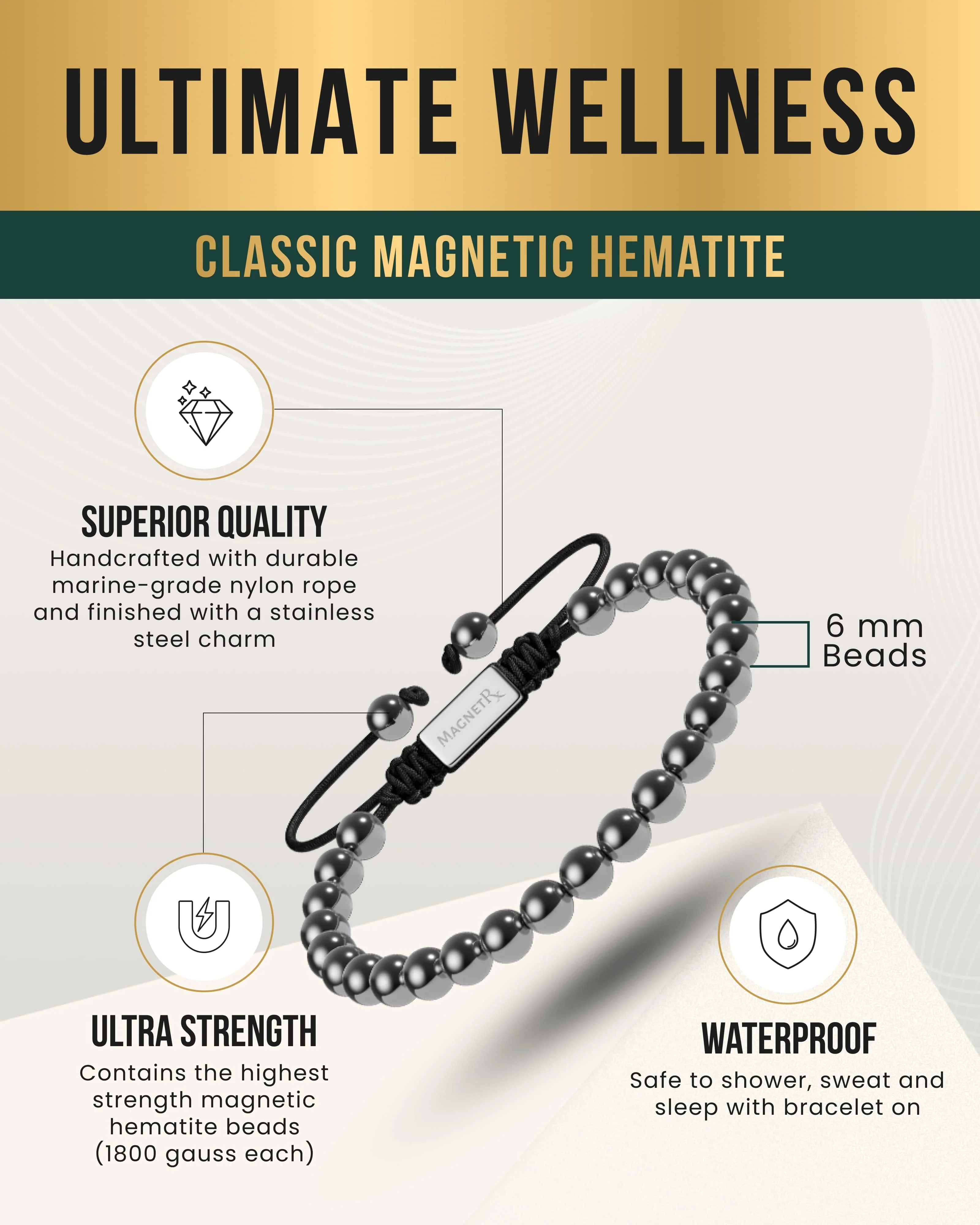 High Power Magnetic Hematite Bracelet Classic 6mm Bead - Image 3