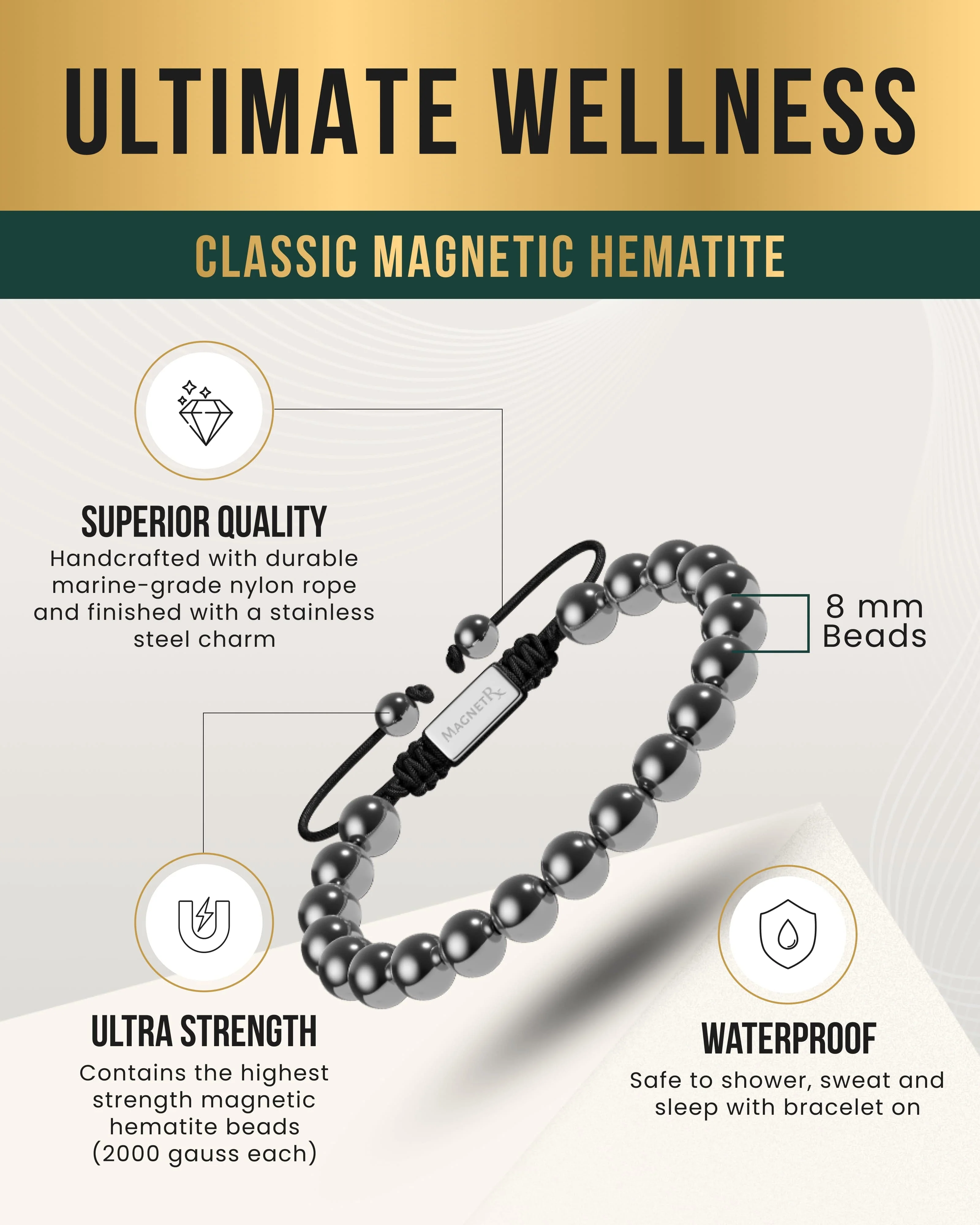 High Power Magnetic Hematite Bracelet Classic 8mm Bead - Image 3