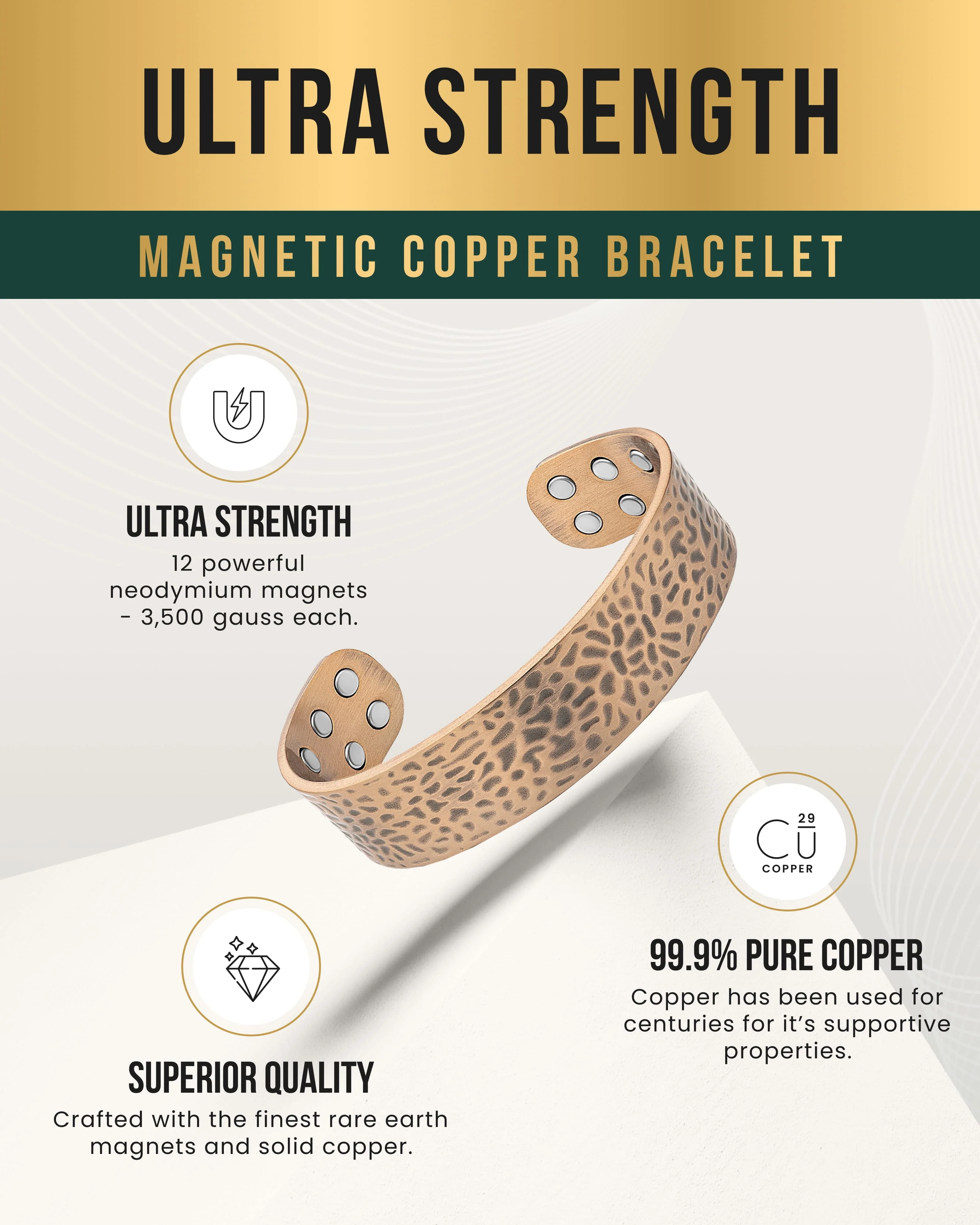 Mega Strength Magnetic Therapy Bracelet Wide Hammered Copper Cuff - Image 4