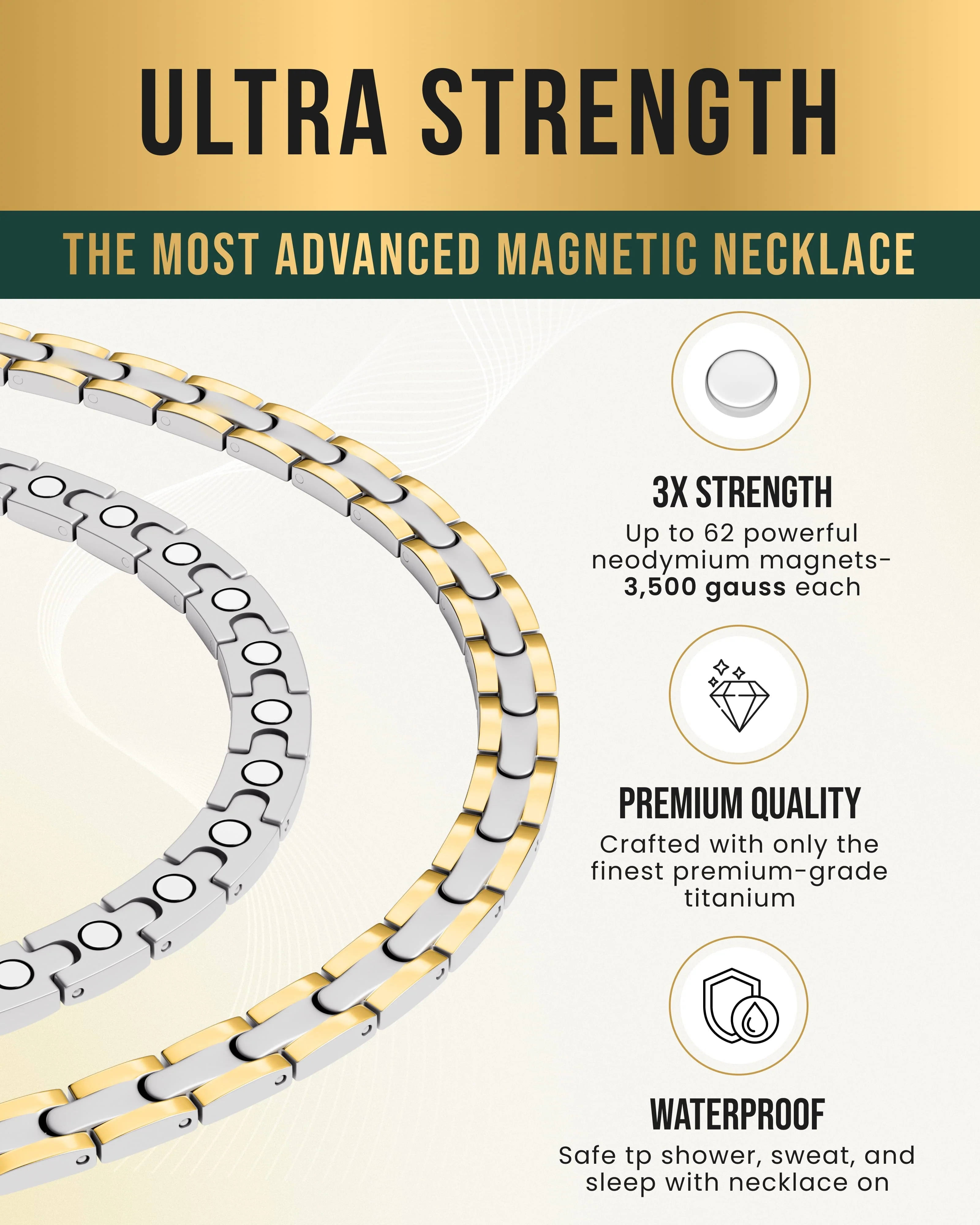 Powerful Silver & Gold Titanium Magnetic Therapy Necklace - Image 3