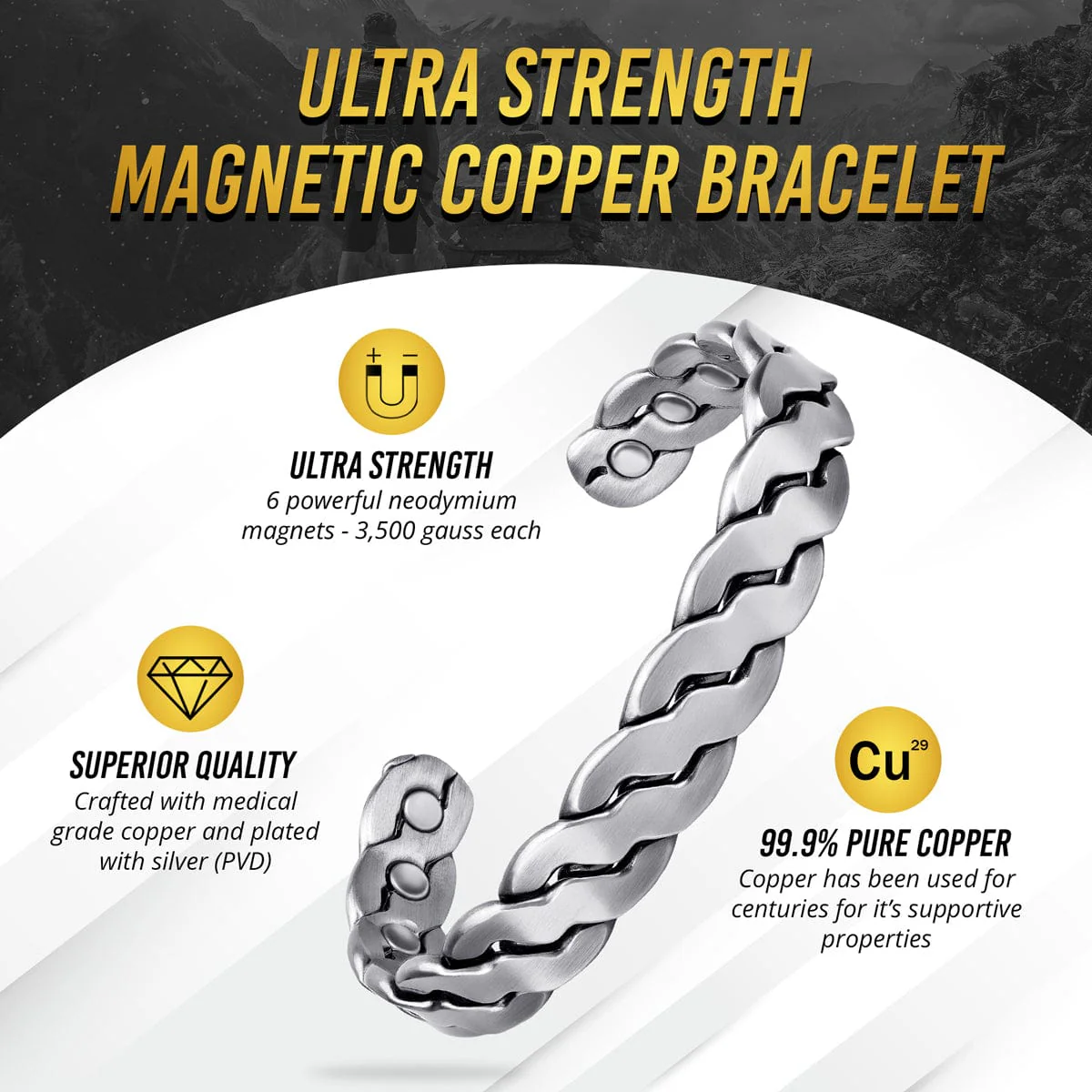 Rugged Twist Magnetic Therapy Bracelet Silver Bangle - Image 3