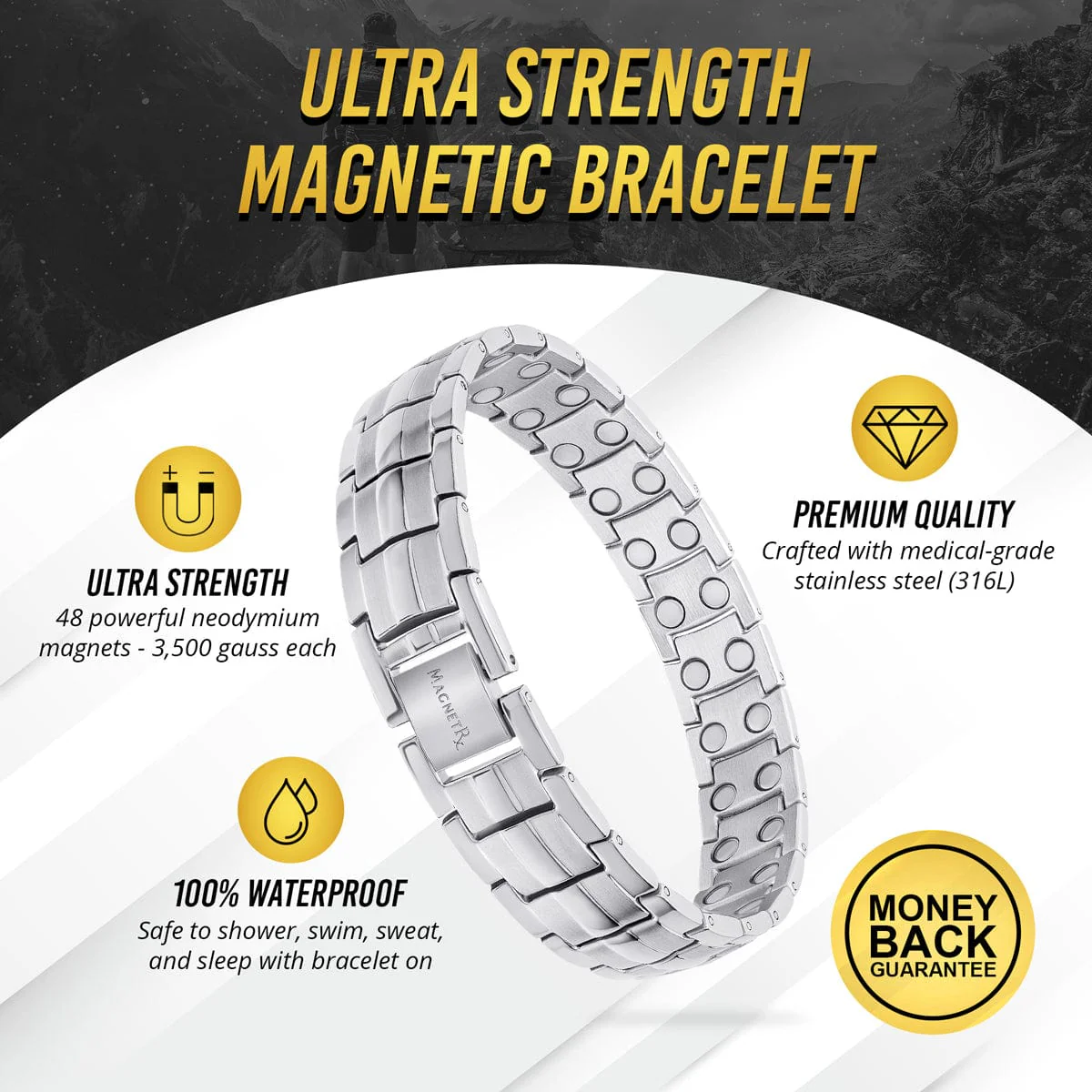 Ultra Strength Magnetic Therapy Bracelet Silver Classic - Image 3
