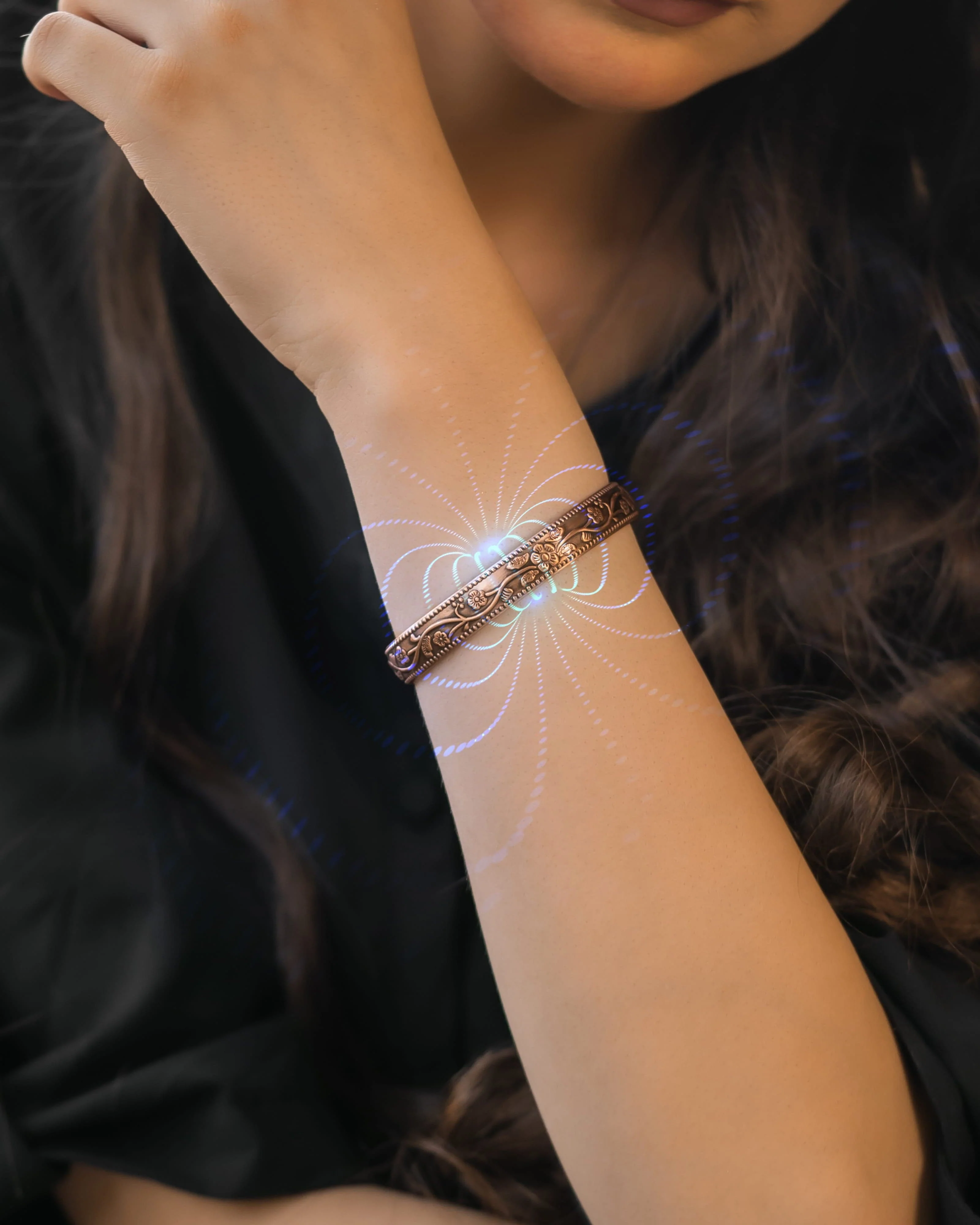 Women’s Copper Magnetic Cuff Duo – Floral & Twisted Wire - Image 3