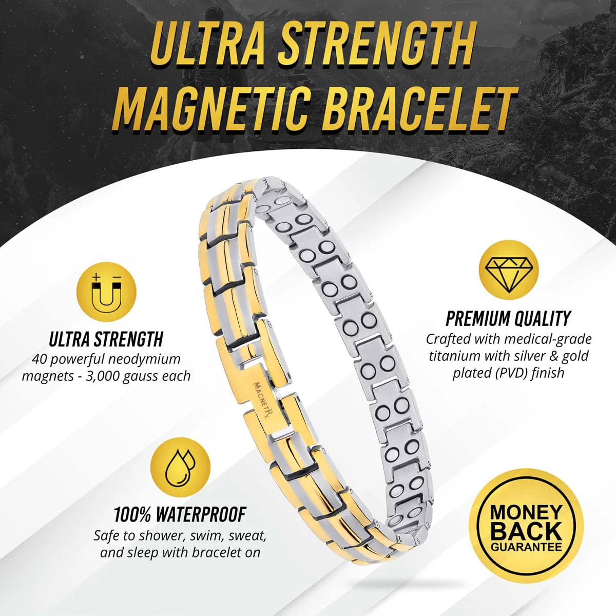 Women's Ultra Strength Silver & Gold Titanium Magnetic Bracelet - Image 3
