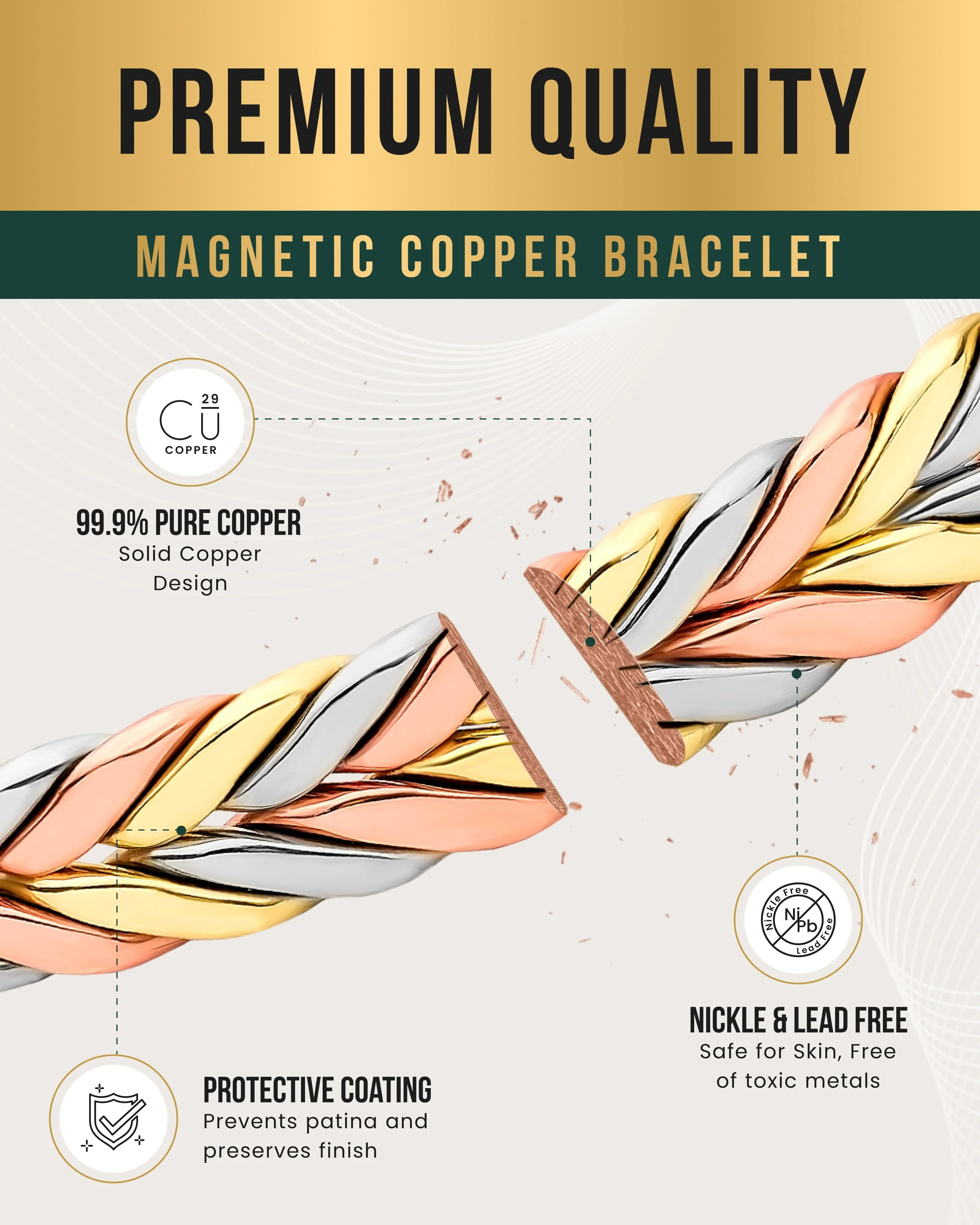 Woven Tri-Tone Magnetic Therapy Bracelet Cuff - Image 5